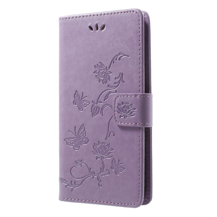 Imprint Butterfly Flower Wallet Stand Leather Protector Case for Huawei P Smart / Enjoy 7S - Light Purple