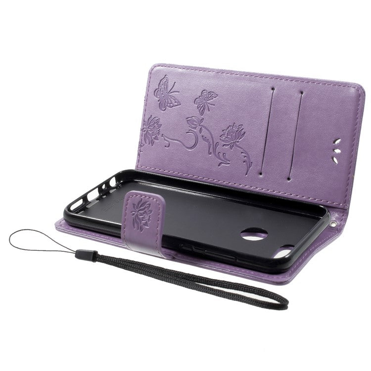 Imprint Butterfly Flower Wallet Stand Leather Protector Case for Huawei P Smart / Enjoy 7S - Light Purple