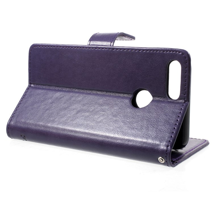 Imprint Butterfly Flower Wallet Stand Leather Case Accessory for Huawei P Smart / Enjoy 7S - Dark Purple