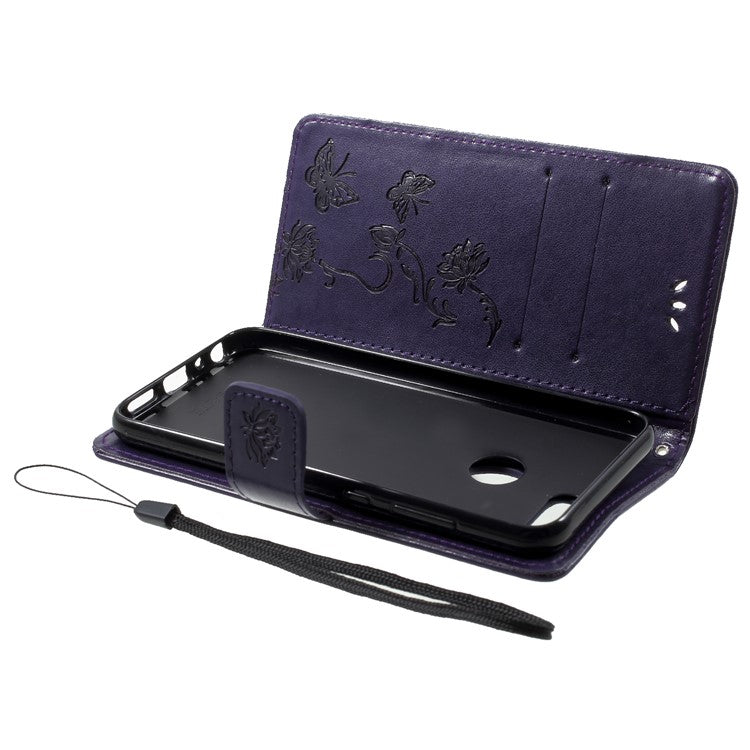 Imprint Butterfly Flower Wallet Stand Leather Case Accessory for Huawei P Smart / Enjoy 7S - Dark Purple