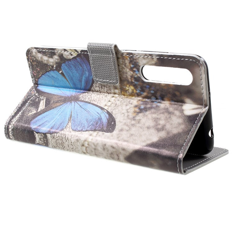 Pattern Printing Wallet Stand Leather Shell for Huawei P20 - Blue Butterfly