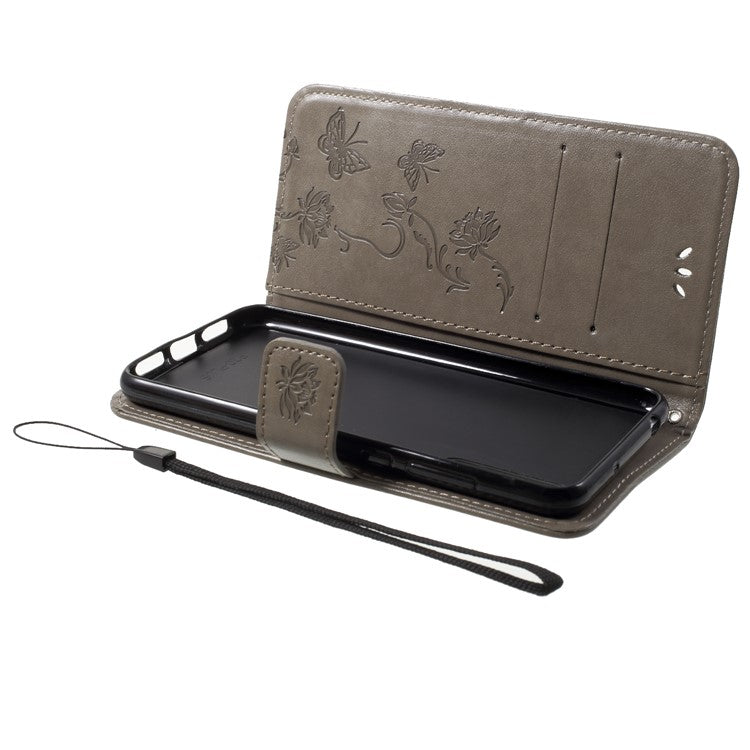 Imprint Butterfly Flower Wallet Stand Leather Cover for Huawei P20 - Grey