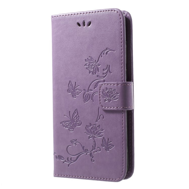 Imprint Butterfly Flower Wallet Stand Leather Mobile Cover for Huawei P20 - Light Purple