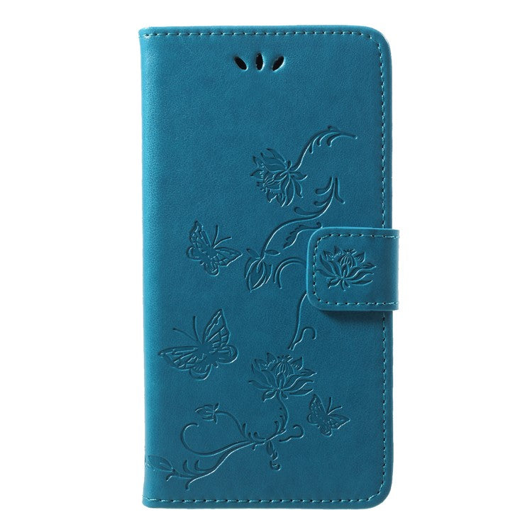 Imprint Butterfly Flower Card Holder Leather Phone Casing for Huawei P20 Lite / Nova 3e - Blue