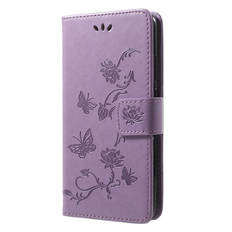 Imprint Butterfly Flower PU Leather Protection Cover Shell with Card Slots for Huawei P20 Lite / Nova 3e - Light Purple