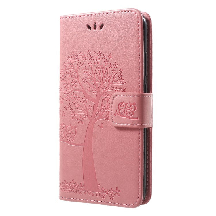 Imprint Tree Owl Pattern Stand Leather Magnetic Wallet Cover Case for Huawei P20 Lite / Nova 3e - Pink