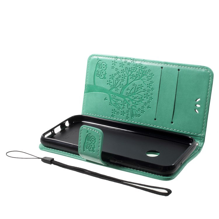 Imprint Tree Owl Pattern PU Leather Wallet Stand Phone Case for Huawei P20 Lite / Nova 3e - Cyan