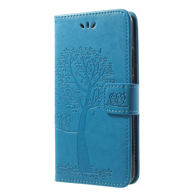 Imprint Tree Owl Pattern PU Leather Wallet Stand Phone Cover for Huawei P20 Lite / Nova 3e - Blue