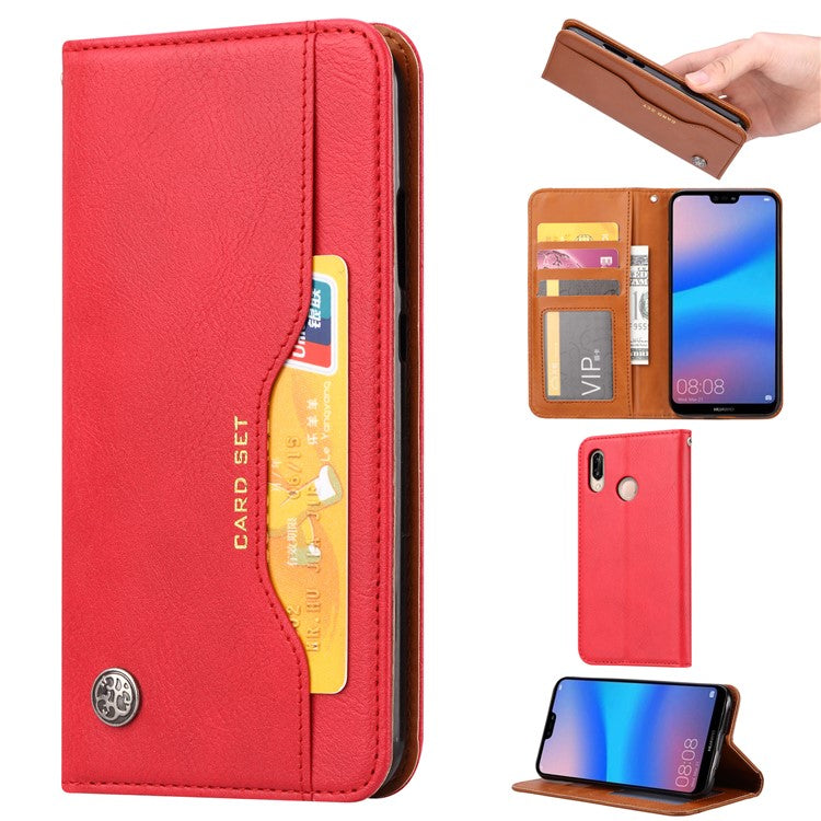 Auto-absorbed Leather Wallet Flip Case for Huawei P20 Lite / Nova 3e - Red