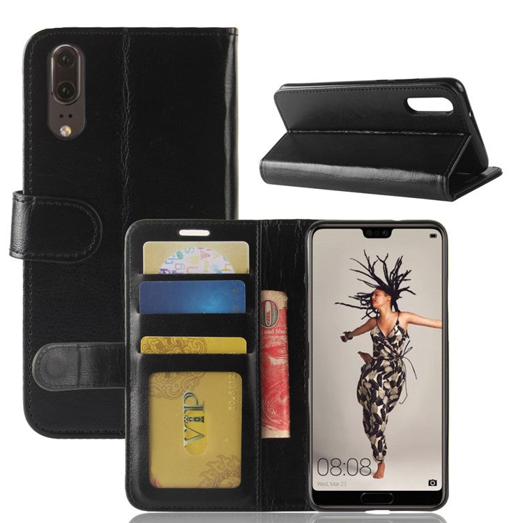 Crazy Horse Wallet Leather Stand Case for Huawei P20 - Black