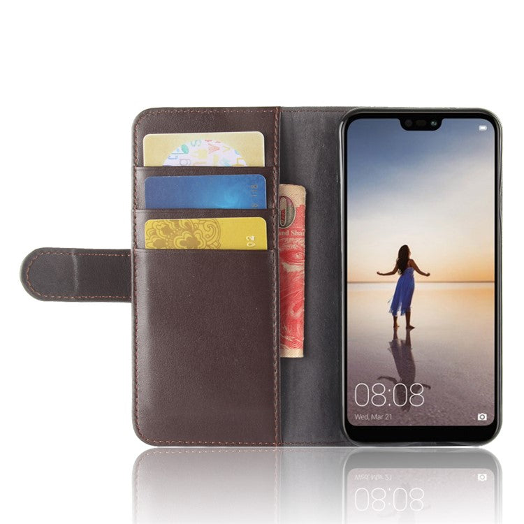 Genuine Split Leather Wallet Stand Cover for Huawei P20 Lite / Nova 3e - Brown