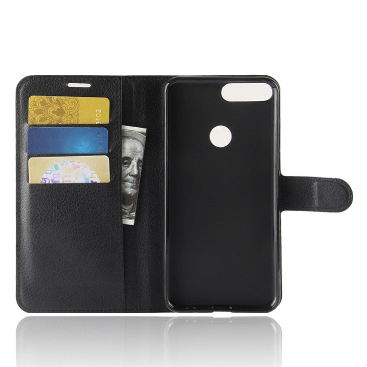 Litchi Skin Wallet Leather Stand Case for Huawei Y7 Prime (2018) / Honor 7C / Enjoy 8 - Black