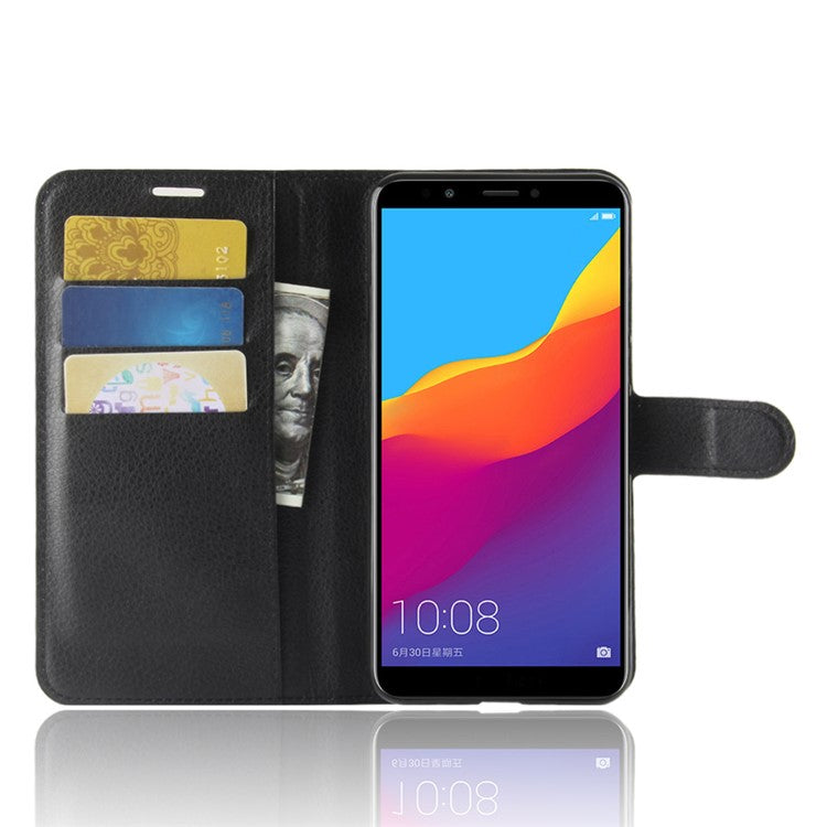 Litchi Skin Wallet Leather Stand Case for Huawei Y7 Prime (2018) / Honor 7C / Enjoy 8 - Black