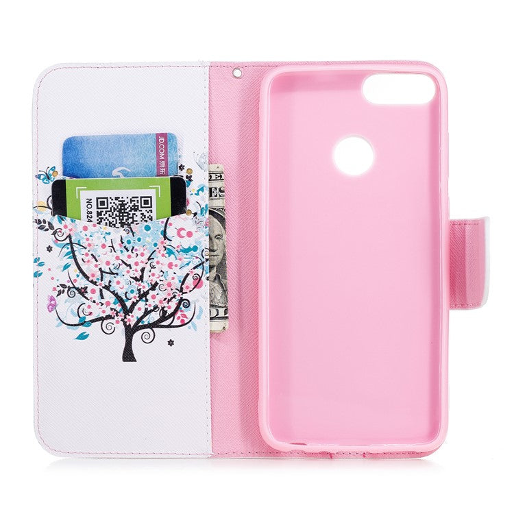 Pattern Printing PU Leather Wallet Stand Cover for Huawei P Smart/Enjoy 7S - Floret Tree
