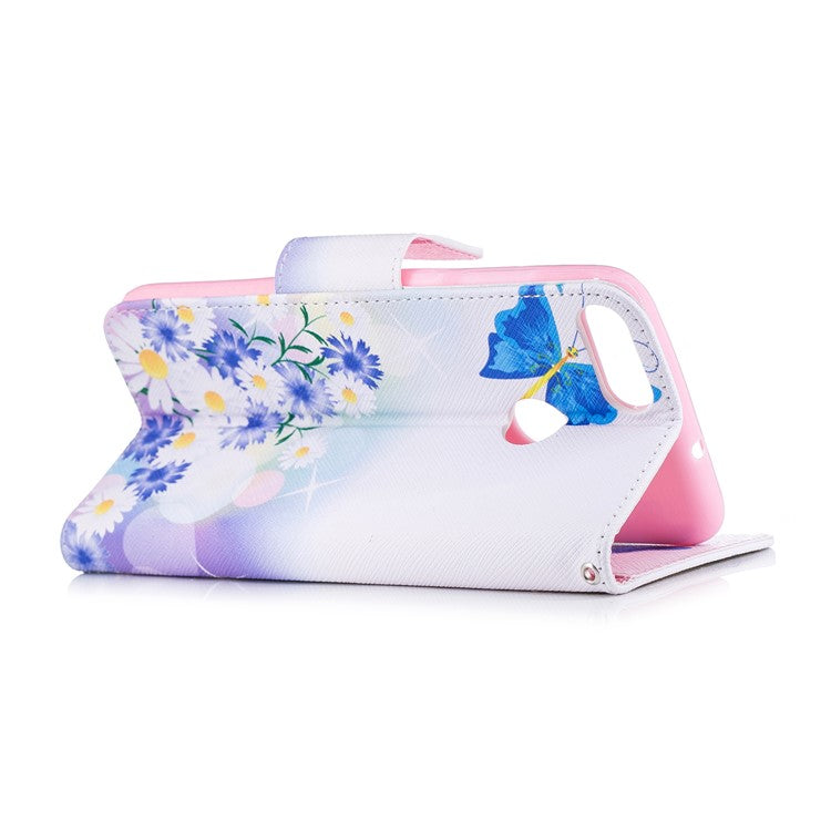 Pattern Printing PU Leather Wallet Stand Mobile Phone Case for Huawei P Smart/Enjoy 7S - Blue Butterfly and Flowers