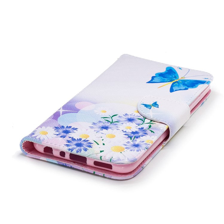 Pattern Printing PU Leather Wallet Stand Mobile Phone Case for Huawei P Smart/Enjoy 7S - Blue Butterfly and Flowers