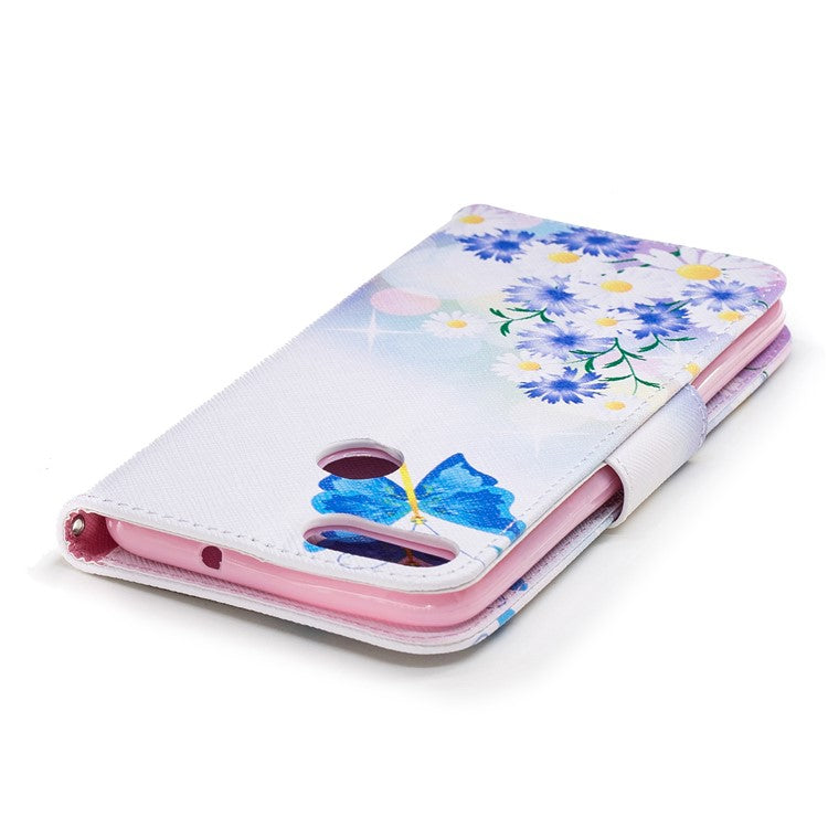 Pattern Printing PU Leather Wallet Stand Mobile Phone Case for Huawei P Smart/Enjoy 7S - Blue Butterfly and Flowers