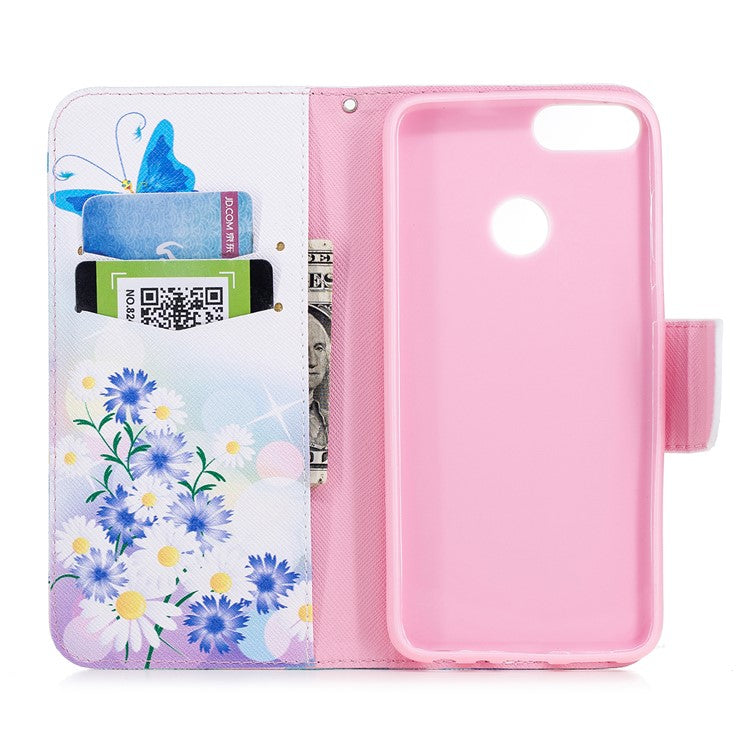 Pattern Printing PU Leather Wallet Stand Mobile Phone Case for Huawei P Smart/Enjoy 7S - Blue Butterfly and Flowers