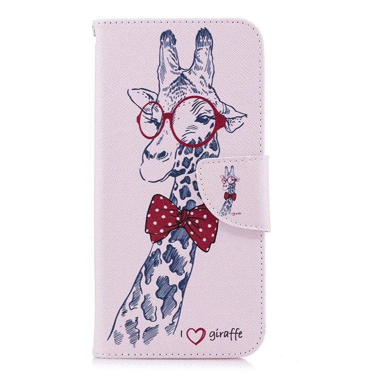 Pattern Printing PU Leather Wallet Stand Protective Shell for Huawei P Smart/Enjoy 7S - Giraffe Wearing Glasses