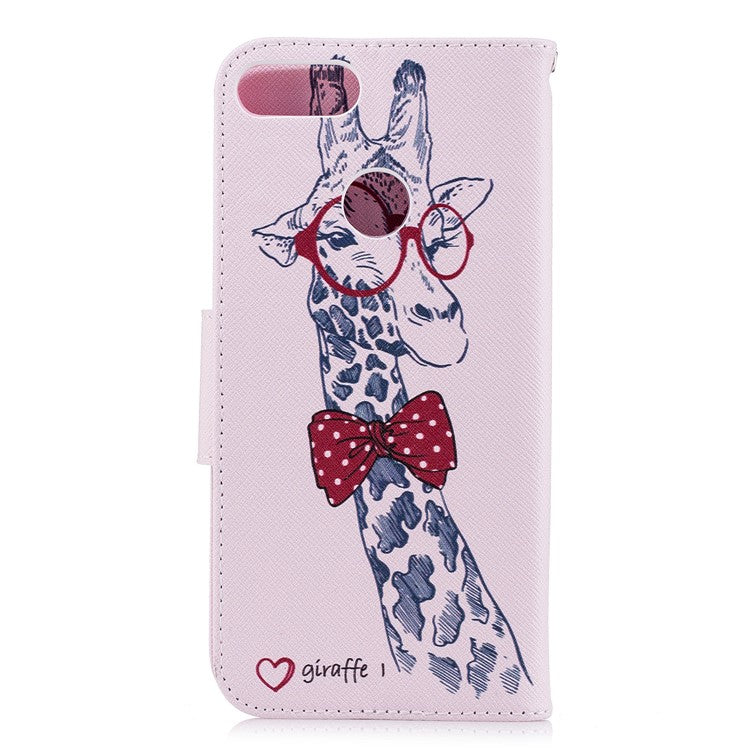Pattern Printing PU Leather Wallet Stand Protective Shell for Huawei P Smart/Enjoy 7S - Giraffe Wearing Glasses