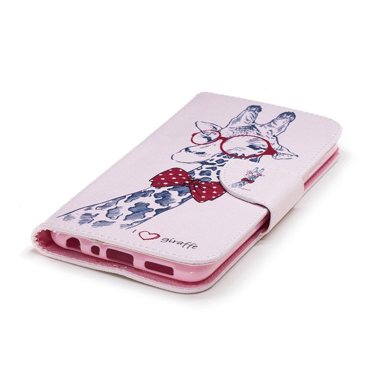 Pattern Printing PU Leather Wallet Stand Protective Shell for Huawei P Smart/Enjoy 7S - Giraffe Wearing Glasses