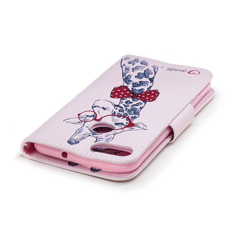 Pattern Printing PU Leather Wallet Stand Protective Shell for Huawei P Smart/Enjoy 7S - Giraffe Wearing Glasses