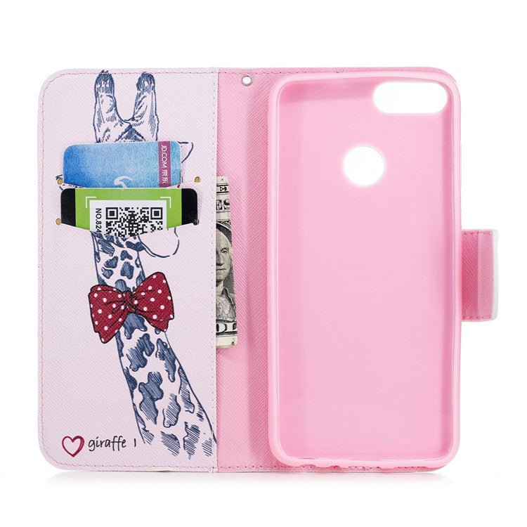 Pattern Printing PU Leather Wallet Stand Protective Shell for Huawei P Smart/Enjoy 7S - Giraffe Wearing Glasses
