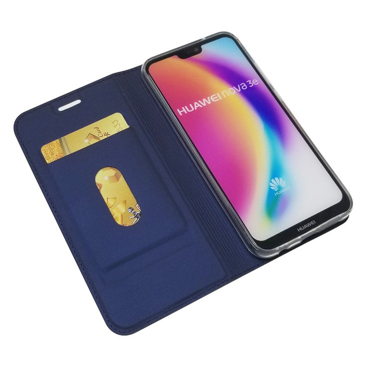 Auto-absorbed Stand Leather Card Holder Cellphone Case for Huawei P20 Lite / Nova 3e - Dark Blue