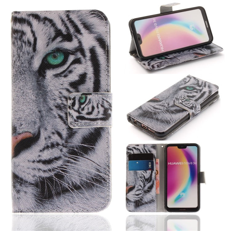 Patterned Wallet Stand PU Leather Case for Huawei P20 Lite / Nova 3e - Tiger with Green Eye
