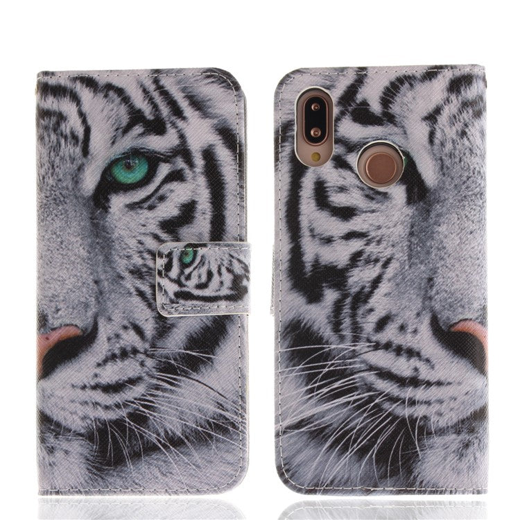 Patterned Wallet Stand PU Leather Case for Huawei P20 Lite / Nova 3e - Tiger with Green Eye