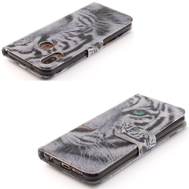 Patterned Wallet Stand PU Leather Case for Huawei P20 Lite / Nova 3e - Tiger with Green Eye