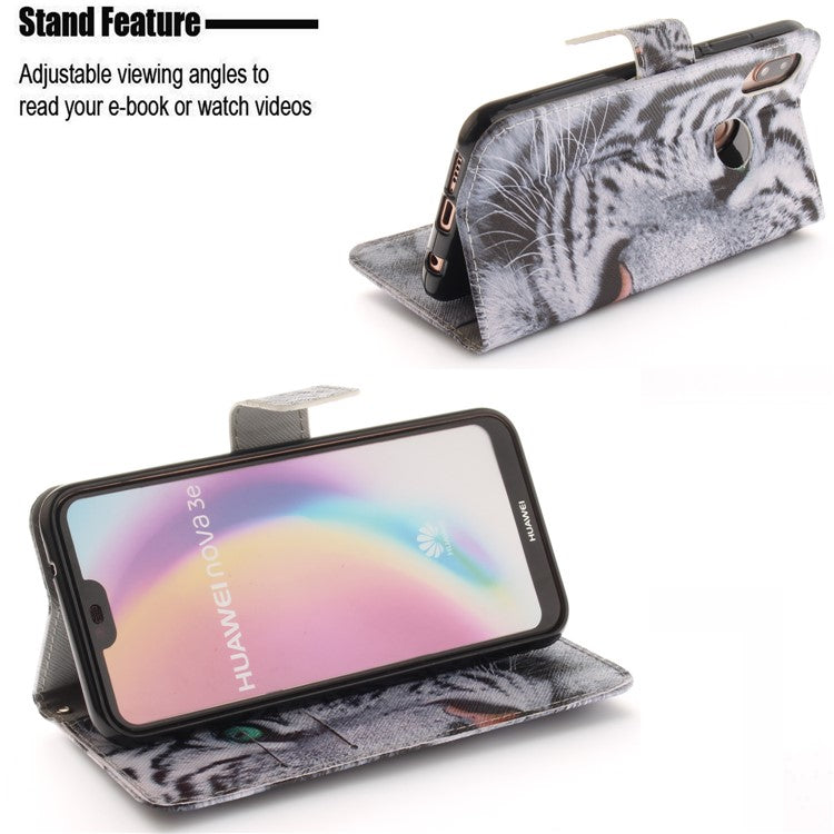 Patterned Wallet Stand PU Leather Case for Huawei P20 Lite / Nova 3e - Tiger with Green Eye