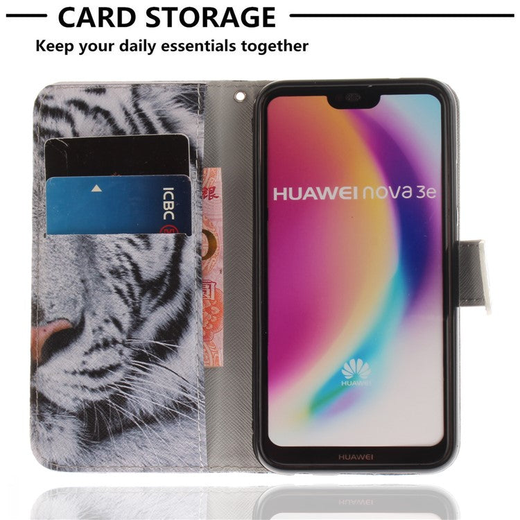 Patterned Wallet Stand PU Leather Case for Huawei P20 Lite / Nova 3e - Tiger with Green Eye