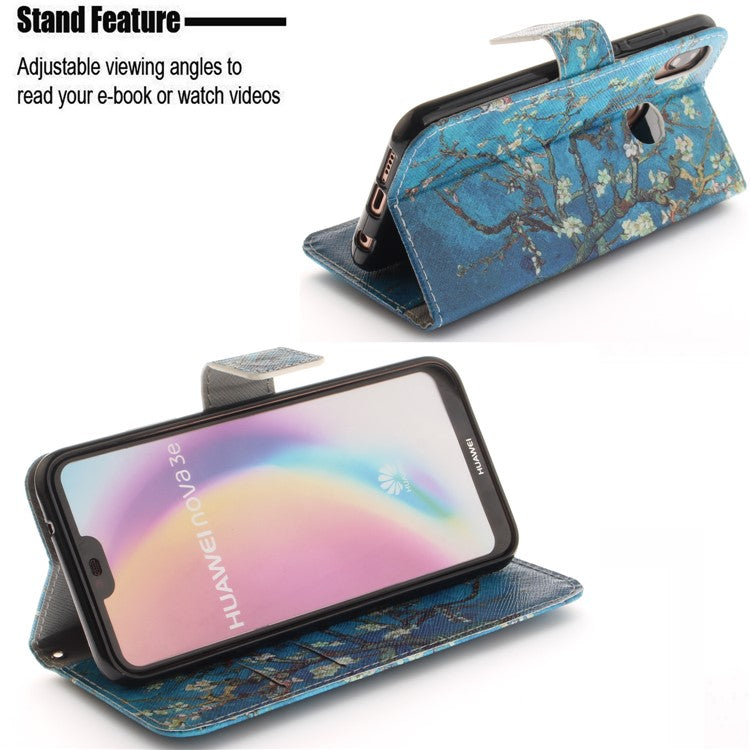 Patterned Wallet Stand PU Leather Flip Case for Huawei P20 Lite / Nova 3e - Almond Tree in Blossom