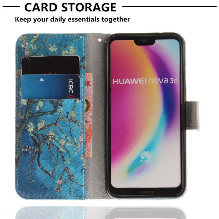 Patterned Wallet Stand PU Leather Flip Case for Huawei P20 Lite / Nova 3e - Almond Tree in Blossom
