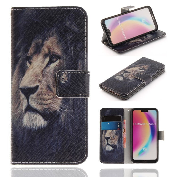 Patterned Wallet Stand PU Leather Protective Casing for Huawei P20 Lite / Nova 3e - Lion