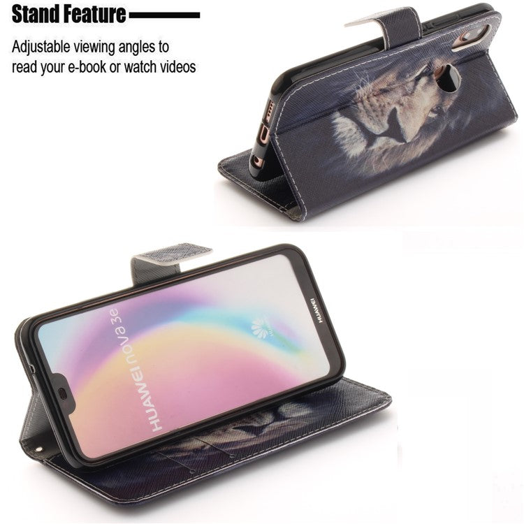 Patterned Wallet Stand PU Leather Protective Casing for Huawei P20 Lite / Nova 3e - Lion