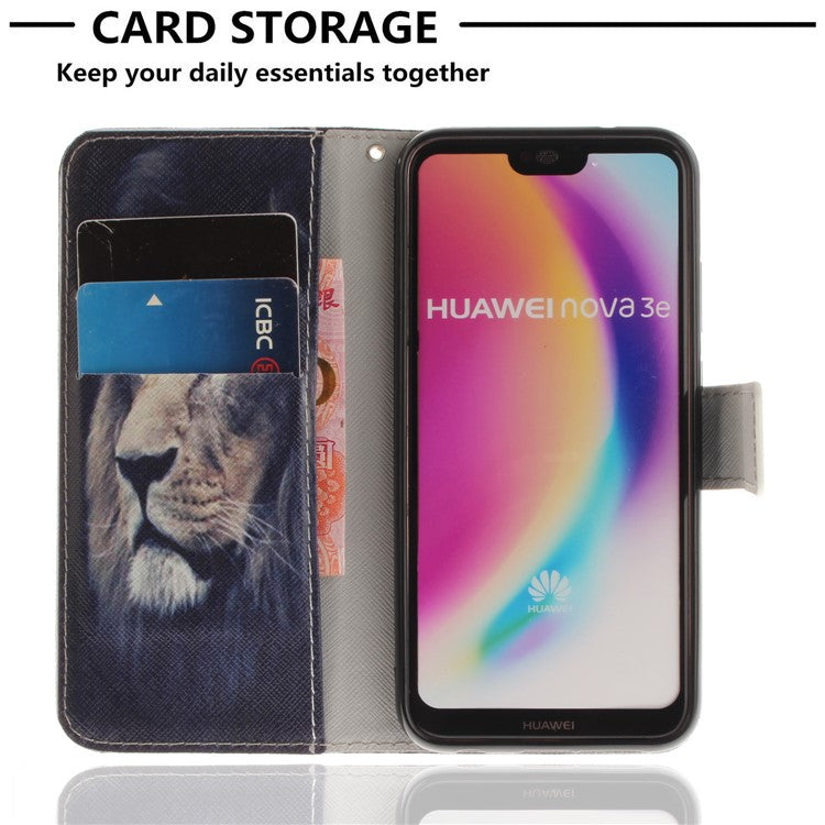 Patterned Wallet Stand PU Leather Protective Casing for Huawei P20 Lite / Nova 3e - Lion