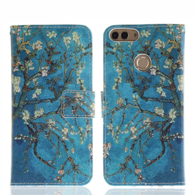 Patterned Wallet Stand PU Leather Shell for Huawei P Smart / Enjoy 7S - Almond Tree in Blossom