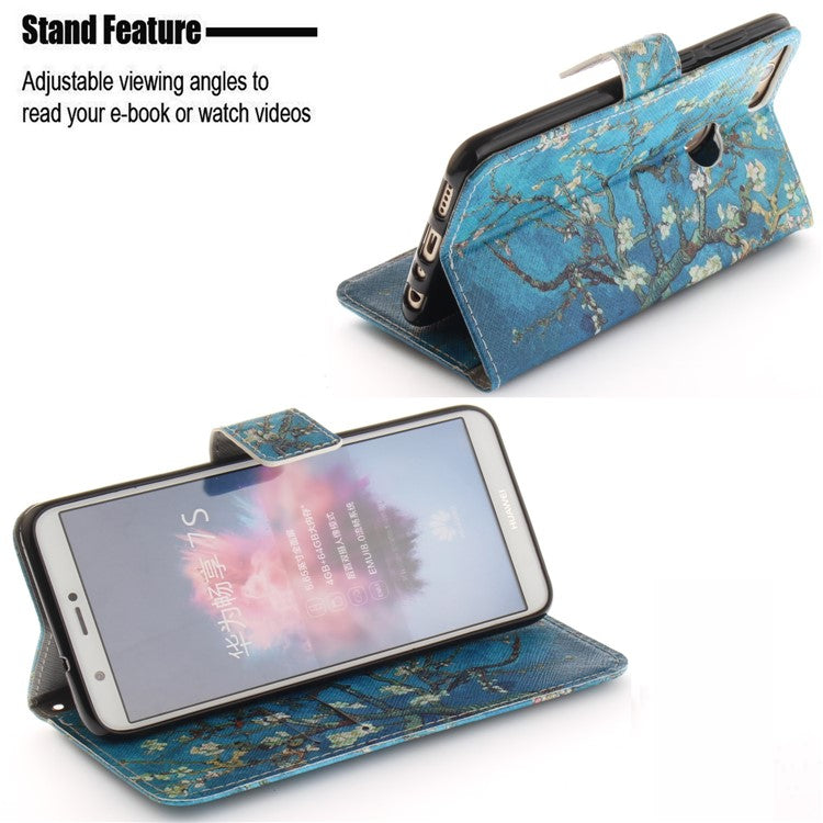 Patterned Wallet Stand PU Leather Shell for Huawei P Smart / Enjoy 7S - Almond Tree in Blossom