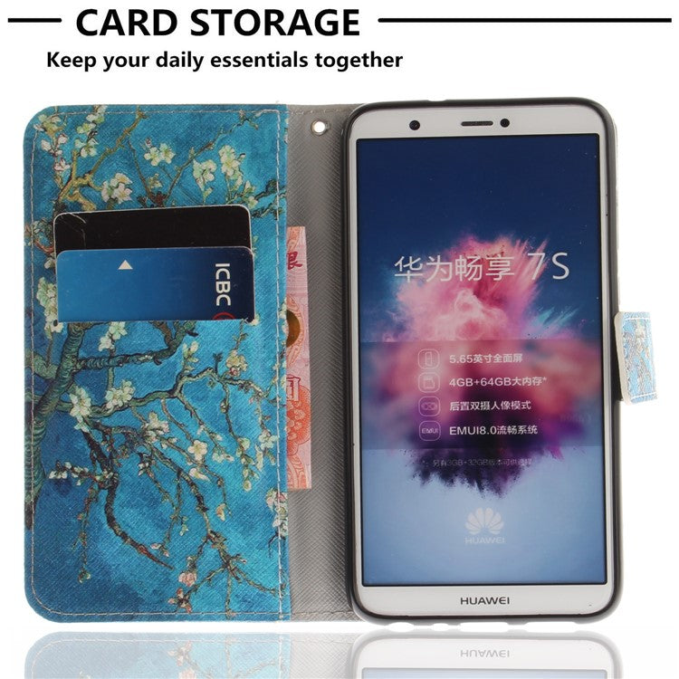Patterned Wallet Stand PU Leather Shell for Huawei P Smart / Enjoy 7S - Almond Tree in Blossom