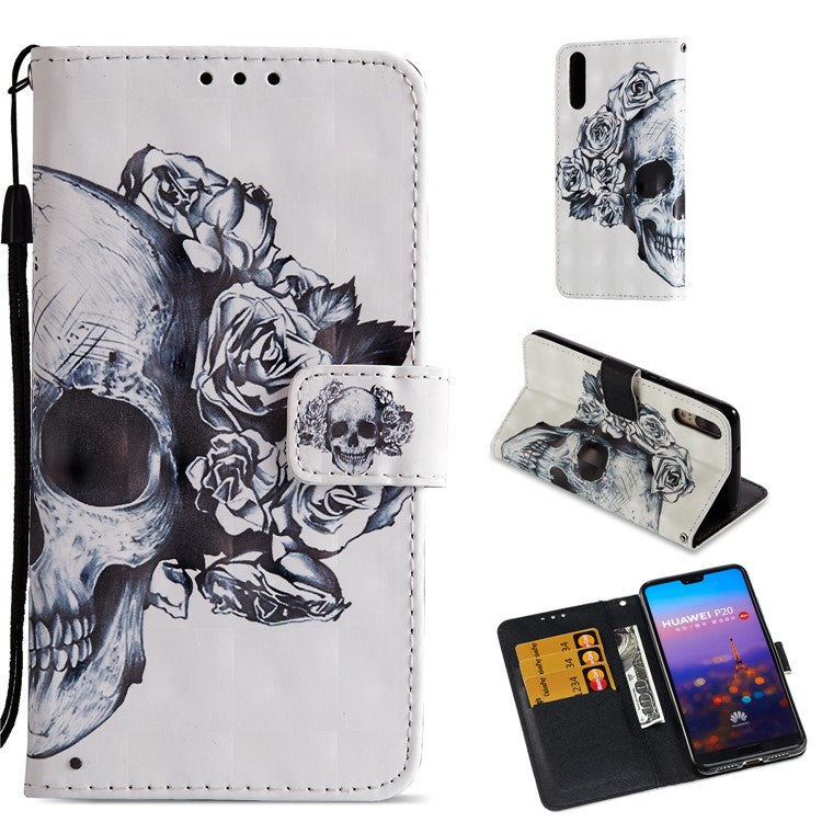 Pattern Printing Wallet Leather Stand Mobile Phone Case for Huawei P20 - Flowered Skull
