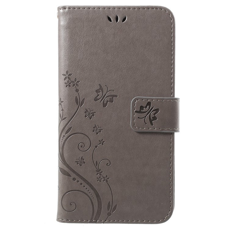 Imprint Butterfly Flower Leather Wallet Stand Cover for Huawei P Smart / Enjoy 7S - Grey