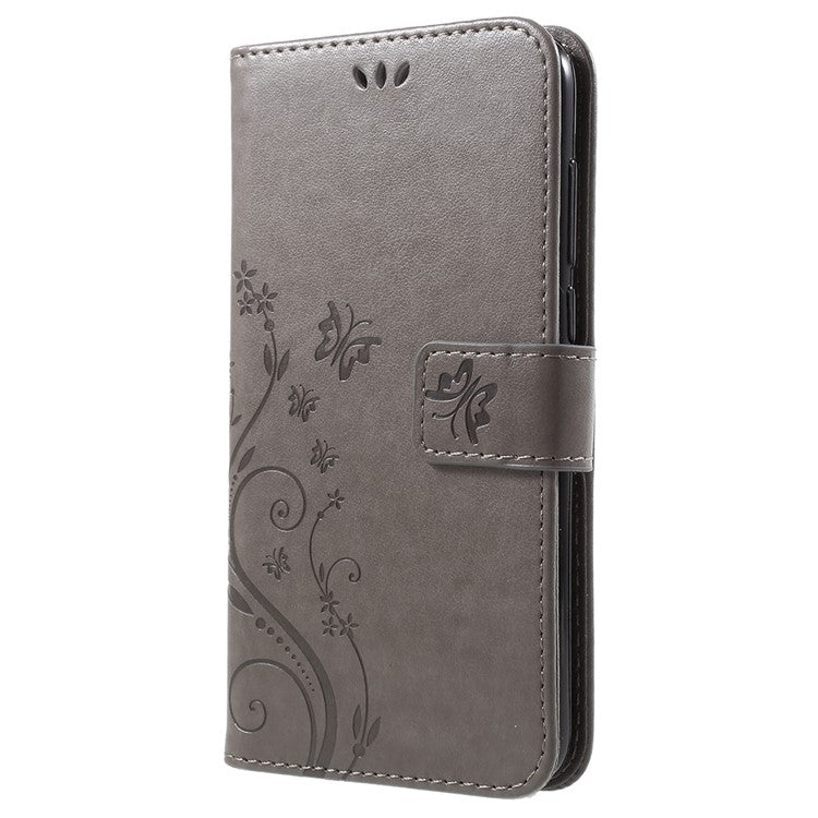 Imprint Butterfly Flower Leather Wallet Stand Cover for Huawei P Smart / Enjoy 7S - Grey