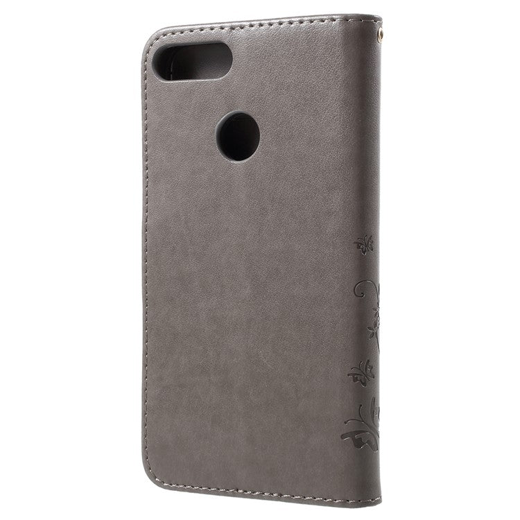 Imprint Butterfly Flower Leather Wallet Stand Cover for Huawei P Smart / Enjoy 7S - Grey