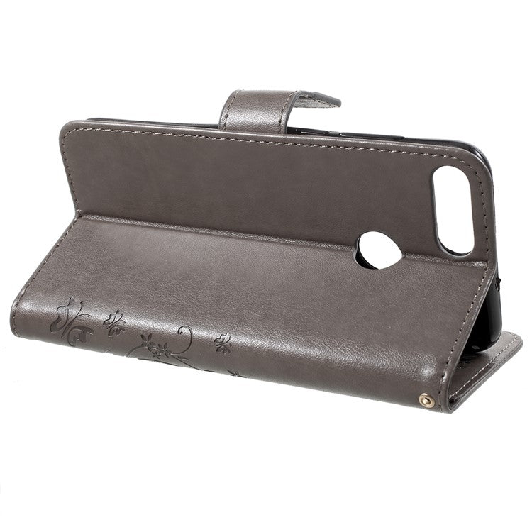 Imprint Butterfly Flower Leather Wallet Stand Cover for Huawei P Smart / Enjoy 7S - Grey