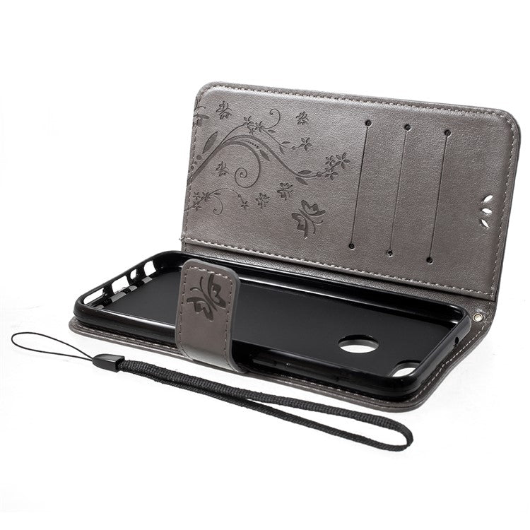 Imprint Butterfly Flower Leather Wallet Stand Cover for Huawei P Smart / Enjoy 7S - Grey