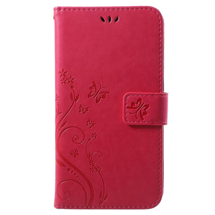 Imprint Butterfly Flower Leather Wallet Stand Shell for Huawei P Smart / Enjoy 7S - Rose