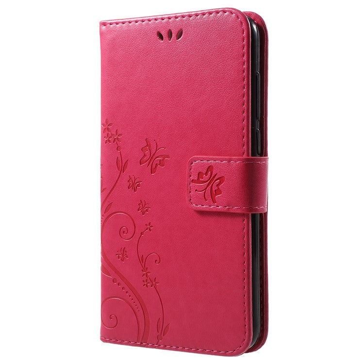 Imprint Butterfly Flower Leather Wallet Stand Shell for Huawei P Smart / Enjoy 7S - Rose