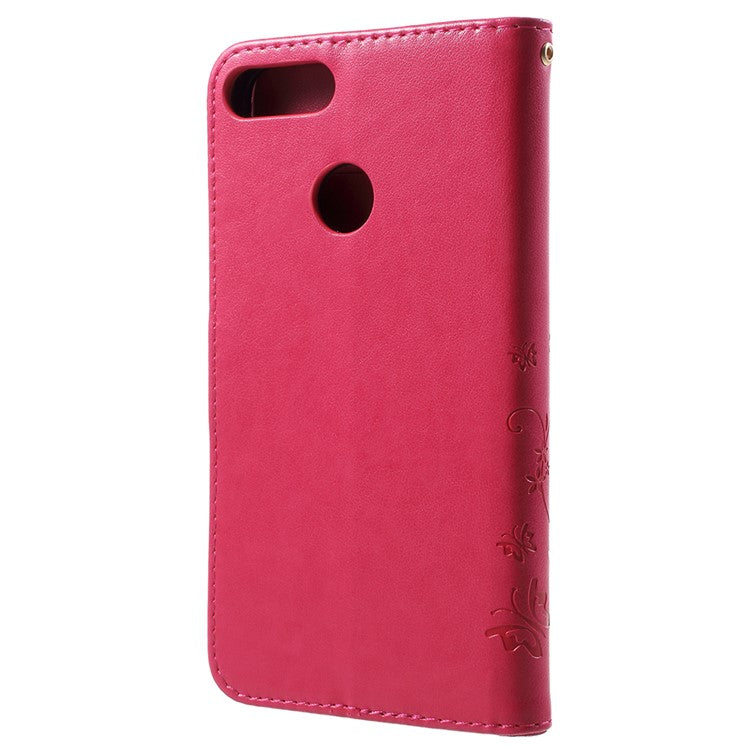 Imprint Butterfly Flower Leather Wallet Stand Shell for Huawei P Smart / Enjoy 7S - Rose